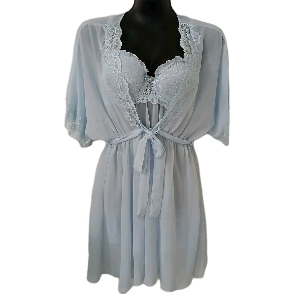 Cinema Etoile Seduction Lingerie Blue Babydoll Slip Dress Thong 3‎ Piece Set L